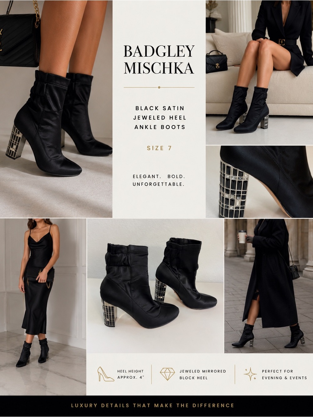 Badgley Mischka Black Satin Jeweled Heel Ankle Boots Size 7